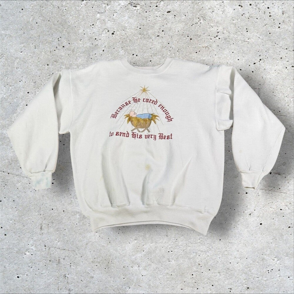 Vtg Hanes Heavyweight Nativity Christmas Sweatshirt Embroidered White Crewneck M